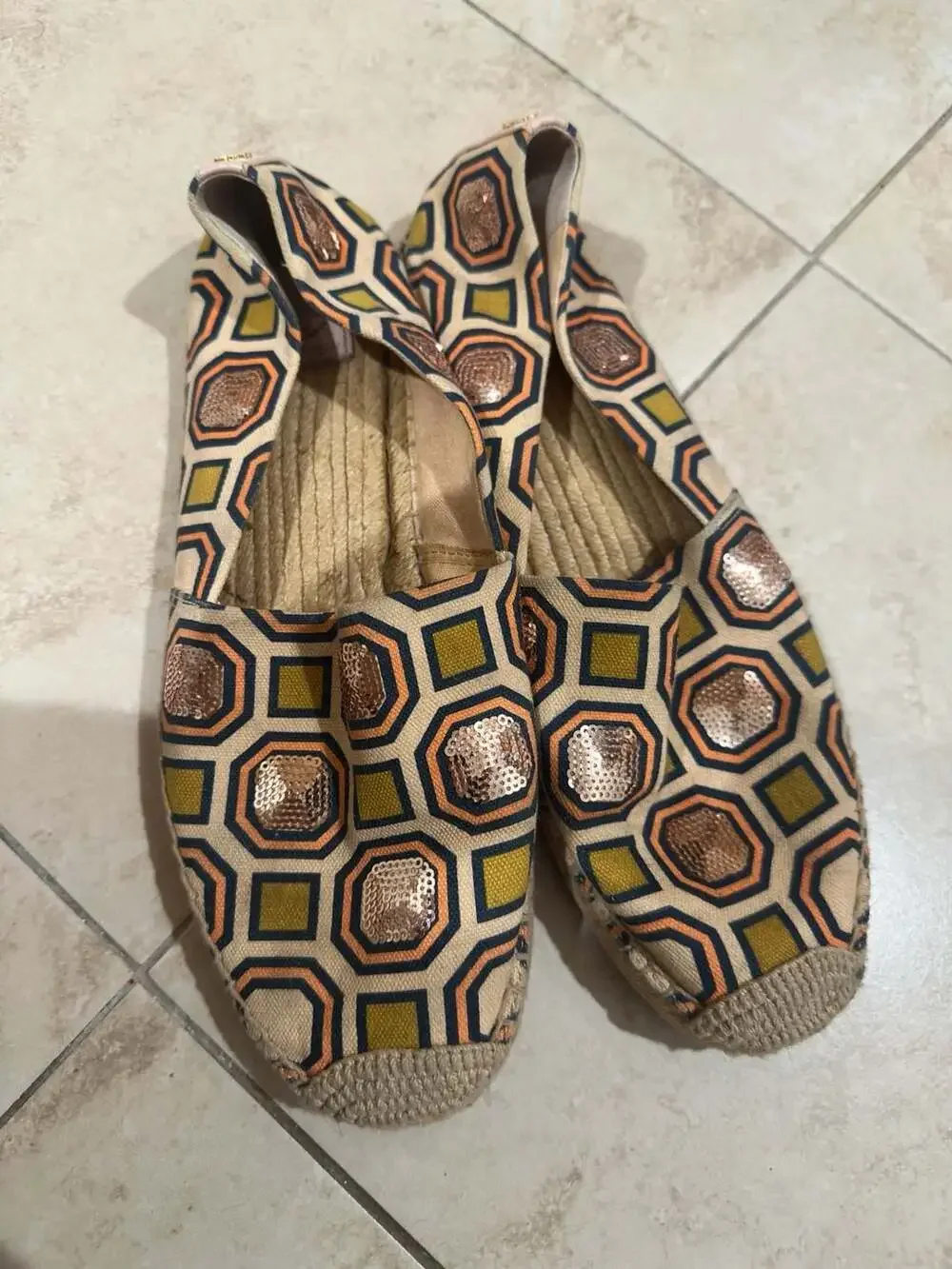 Tory Burch Cecily Geometric Print Sequin Embellished Espadrille Slip-On Flats